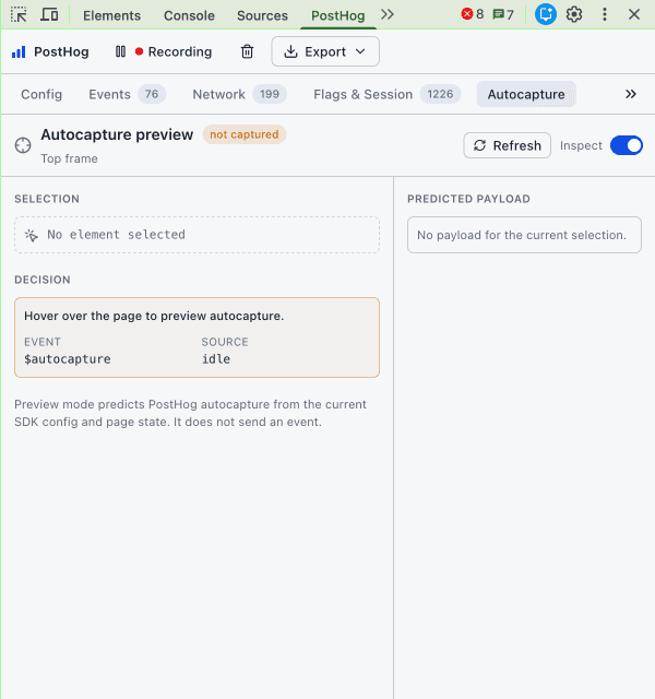 PostHog Debugger Autocapture preview showing selection, predicted payload, and capture decision details