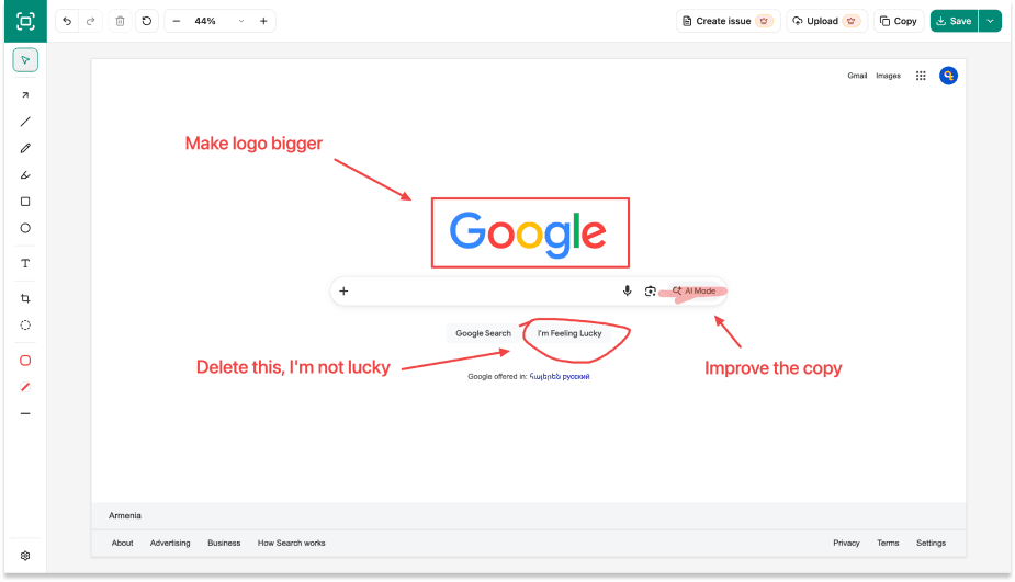 Screenshot Capture Studio editor with a Google page, red review annotations, and save controls