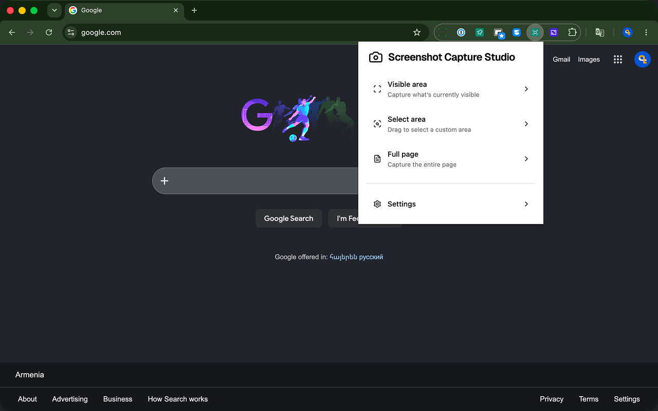 Screenshot Capture Studio popup showing visible area, select area, and full page capture options.