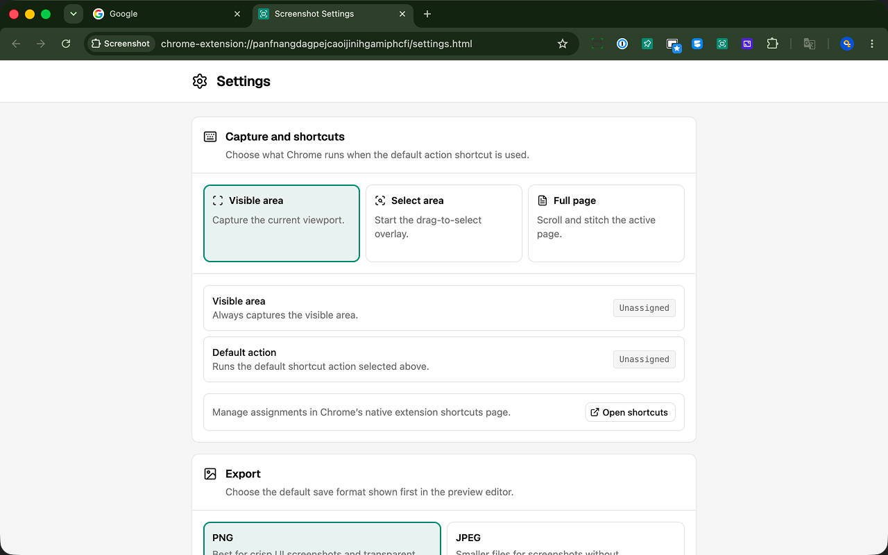 Settings page showing default capture action and export format options.